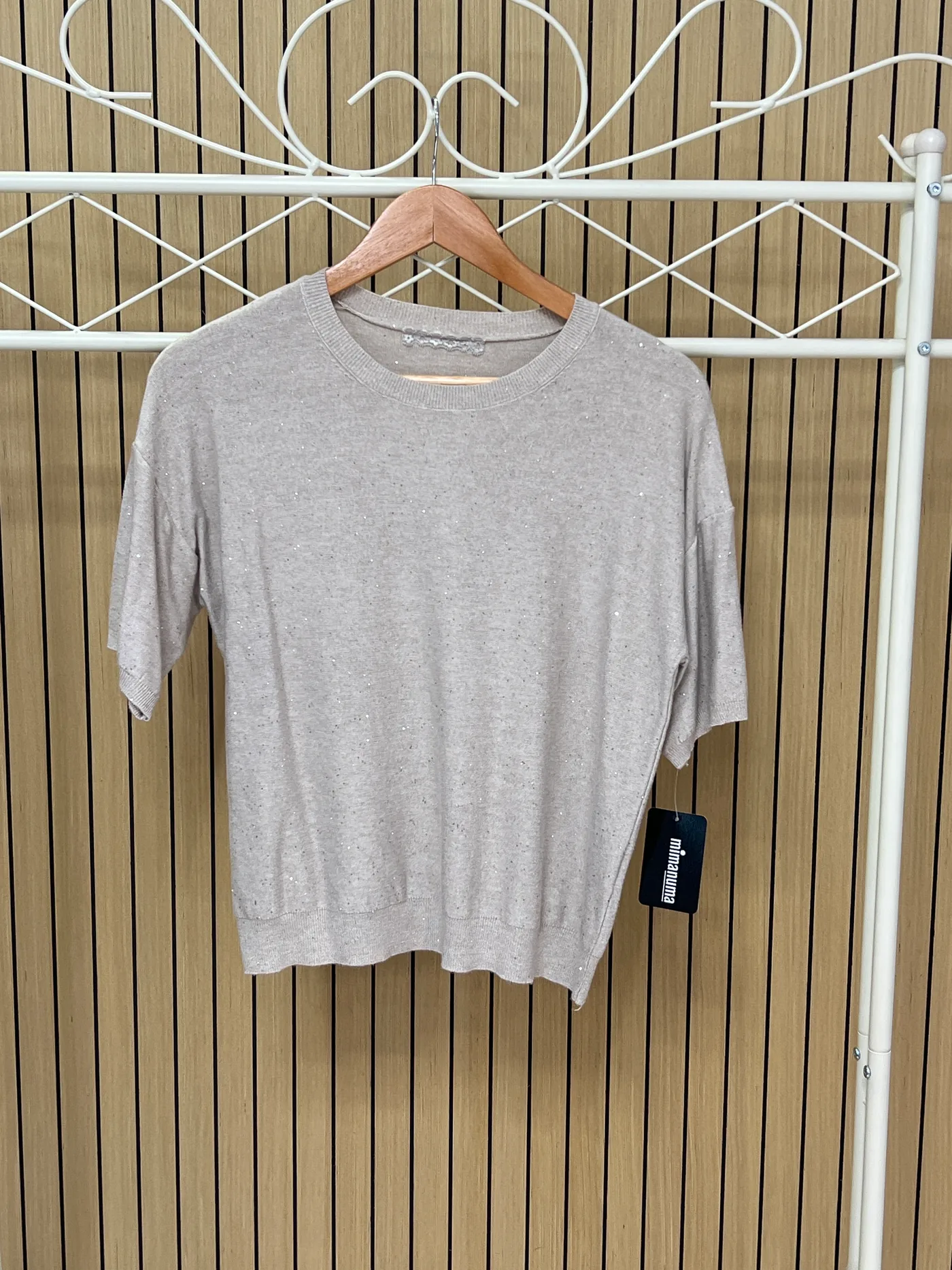 Jersey punto fino manga corta brillos taupe