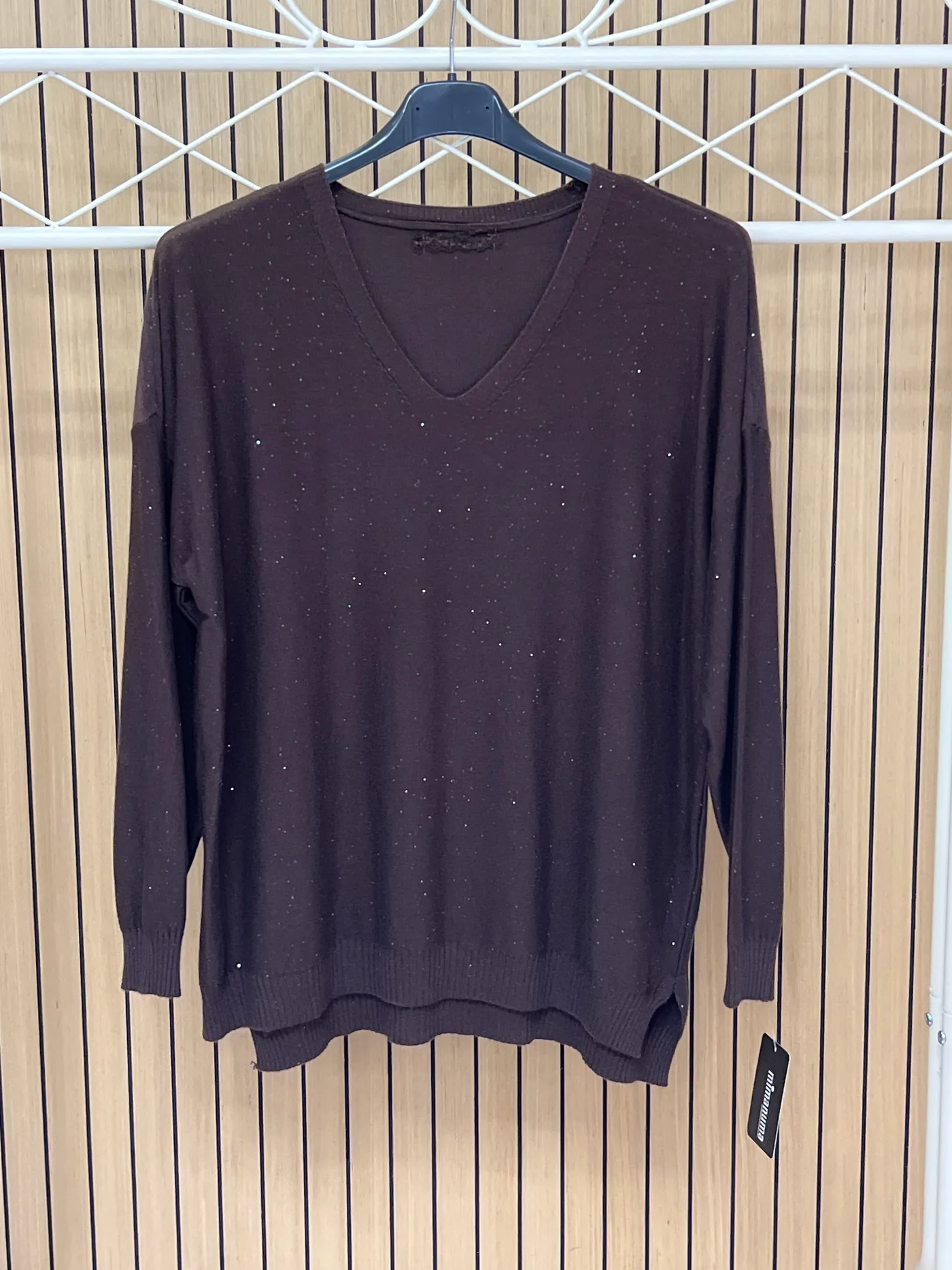 Jersey punto brillos manga larga escote pico chocolate