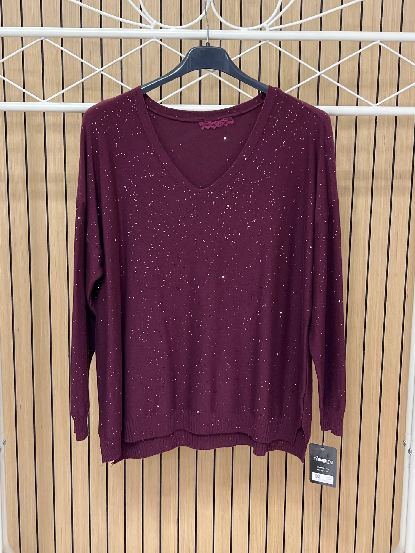 Jersey punto brillos manga larga escote pico berenjena