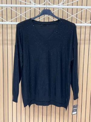 Jersey punto brillos manga larga escote pico negro