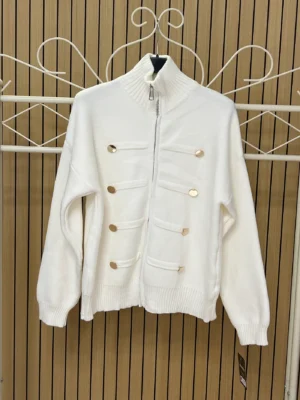 Chaqueta punto cremayera con botones blanco