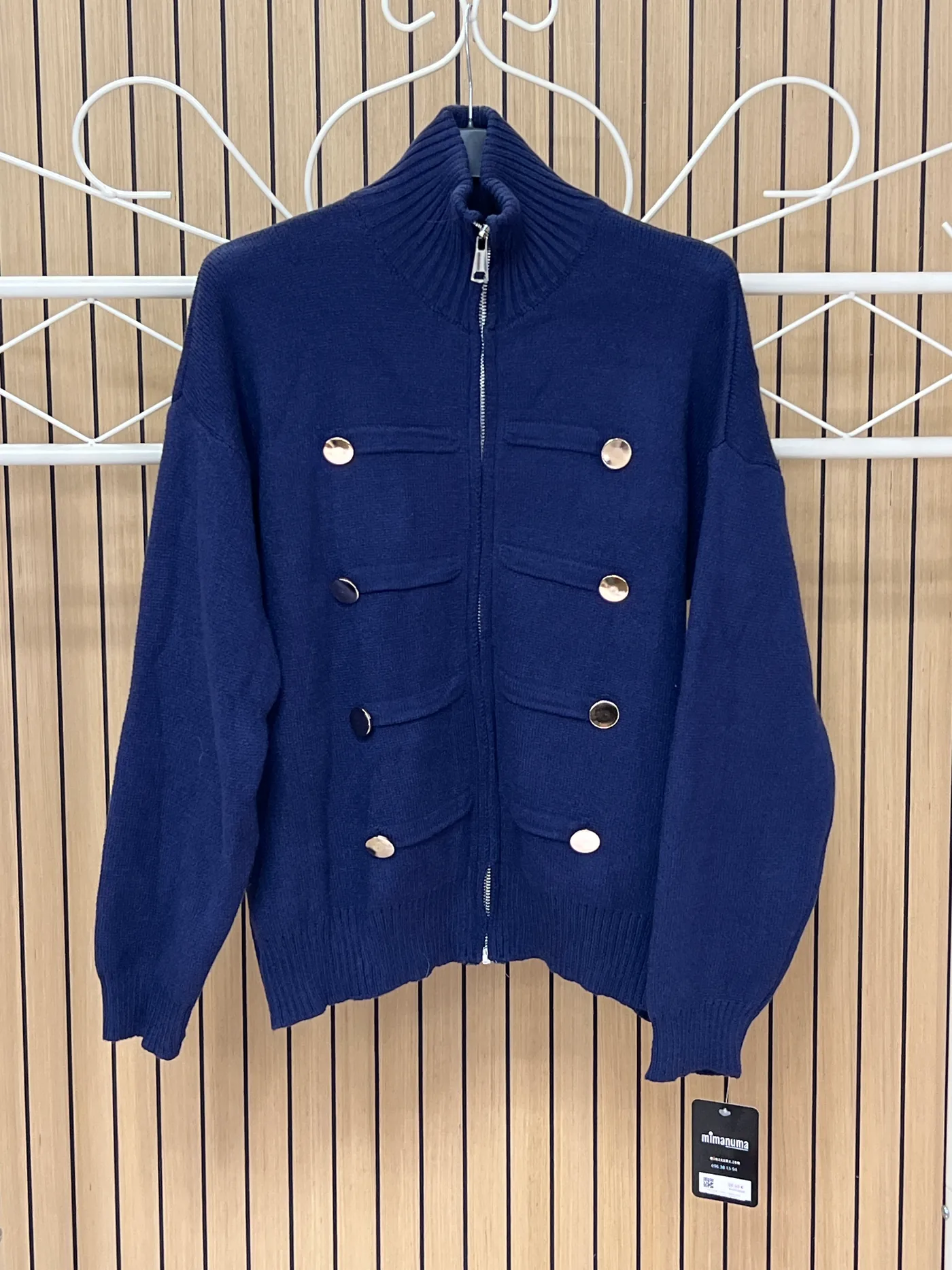 Chaqueta punto cremayera con botones azul marino