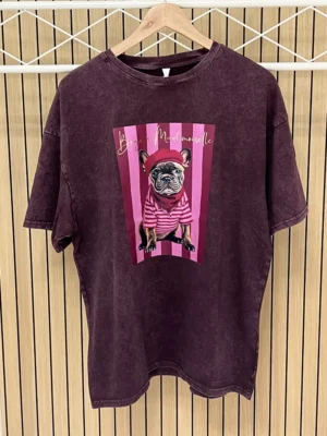 Camiseta manga corta algodón lavado piedra granate bull dog