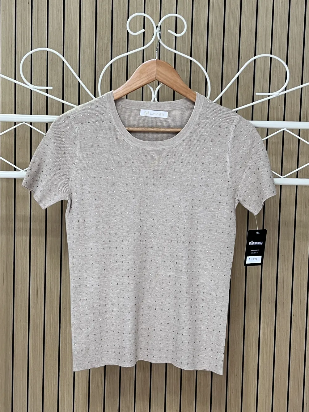 Jersey de punto manga corta con brillos beige